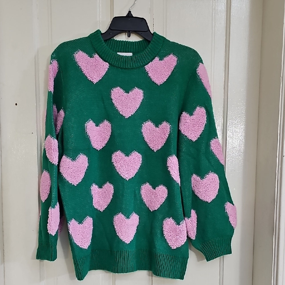 Pink Lily Green Sweater with Pink Hearts